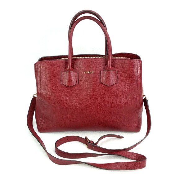 Furla Double Handle Satchel Bag Red Leather Shoulder Hand Bag Purse - Picture 1 of 14